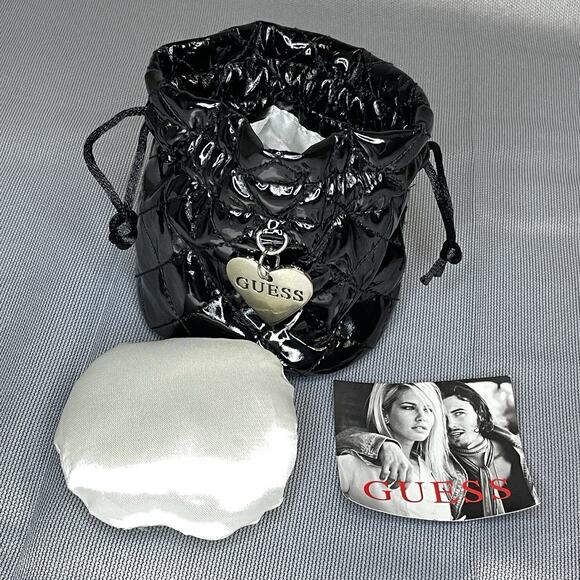 Guess Gift Pouch Black Vinyl Quilted Drawstring Watch Holder Cosmetic Mini Bag - Picture 7 of 9